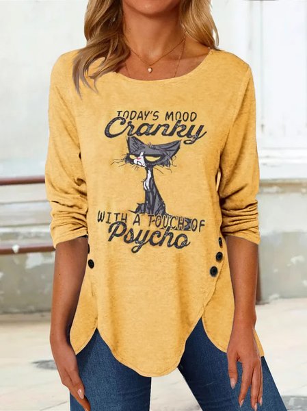 

Cat and Letter Buttoned Crew Neck Long Sleeve Tunic, Yellow, Tunics