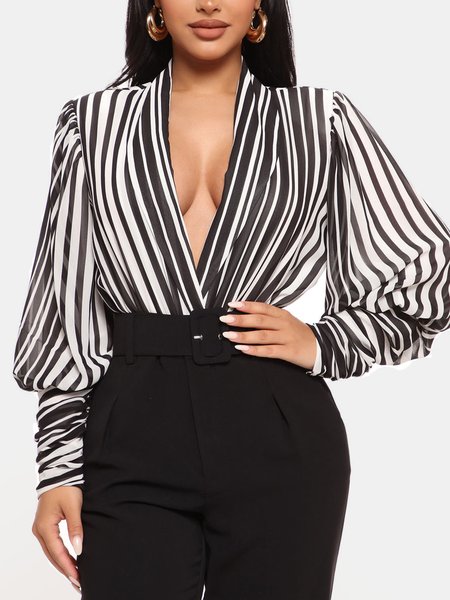 

Women Striped Autumn Urban V neck No Elasticity Loose Long sleeve H-Line Regular Size Blouse, Black-white, Blouses and Shirts