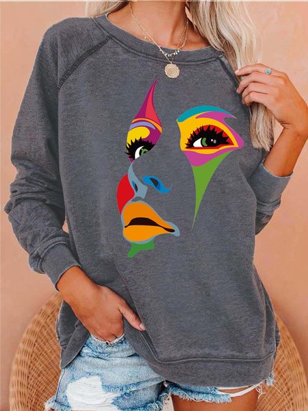 

Women Face colorful Abstraction Casual Crew Neck Cotton Sweatshirt, Gray, Hoodies&Sweatshirts