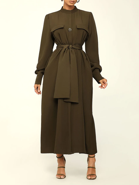 

Plain Autumn Elegant Polyester Stand Collar No Elasticity Loose Long sleeve Regular Dresses for Women, Dark green, Maxi Dresses