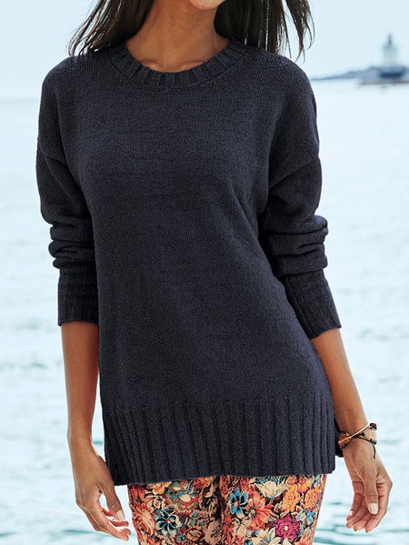 

Crew Neck Plain Casual Sweater, Dark blue, Sweaters