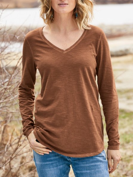 

Casual V Neck Plain T-Shirt, Cameo brown, T-Shirts