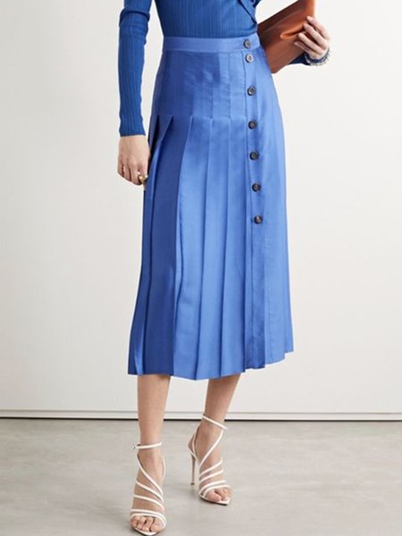 

Plain Autumn Urban Polyester High Waist Micro-Elasticity Commuting Pleated Regular Skirt for Women, Blue, Midi Skirts