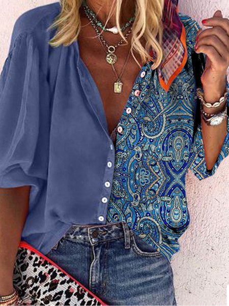 

Geometric Regular Fit V Neck Tops, Blue, Shirts & Blouses