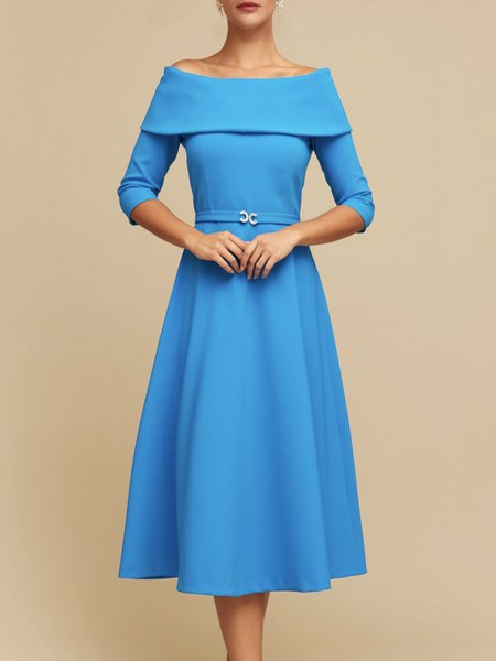 

Daily Three Quarter Elegant Plain Cold Shoulder Dress, Blue, Midi Dresses