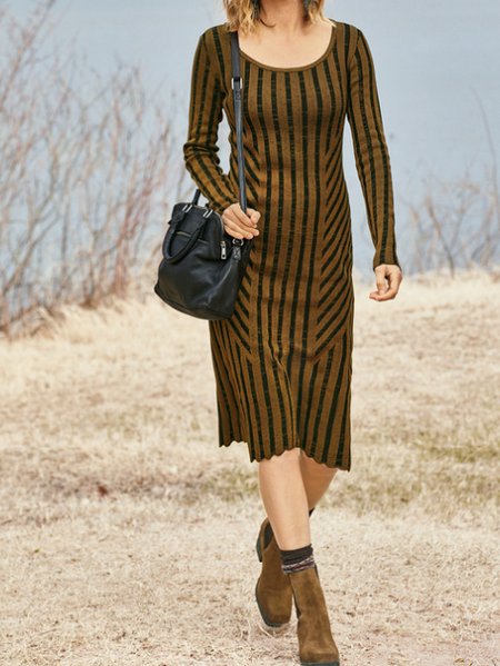 

Striped Casual Autumn Polyester Lightweight Daily Crew Neck T-Line Regular Size Dresses for Women, Stripe, Midi Dresses