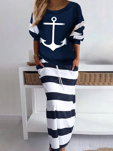 

Striped ocean anchor sweater skirt two piece set, Deep blue, Dresses