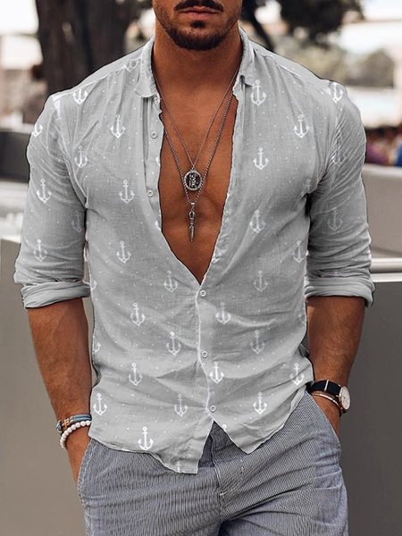 

Cotton Linen Geometric Print Casual Long Sleeve Shirt, Gray, Long Sleeve Shirts