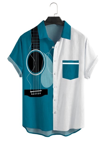 

Cotton Linen Music Print Casual Short Sleeve Shirt, As picture, Short Sleeve Shirts
