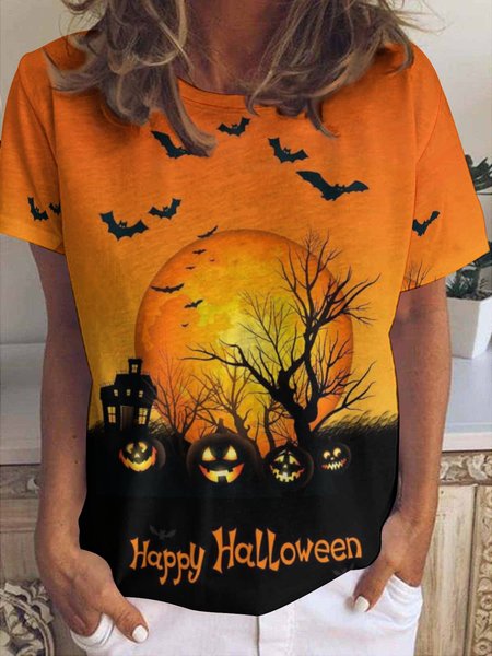 

Womens Halloween Black Cat Crew Neck Animal T-Shirt, As picture, T-shirts