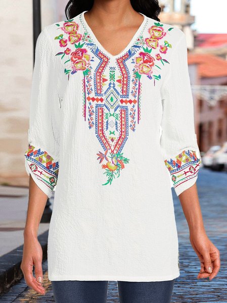 

Floral Casual V Neck Tops, White, Shirts & Blouses