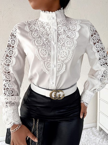 

Women Plain Autumn Urban Polyester Stand Collar No Elasticity 1 * Top Long sleeve Regular Size Blouse, White, Blouses and Shirts