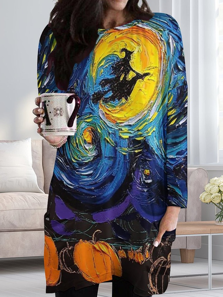 

Women Funny Painting Witch Pumpkin Starry Night Casual Halloween Dress, Blue, Dresses