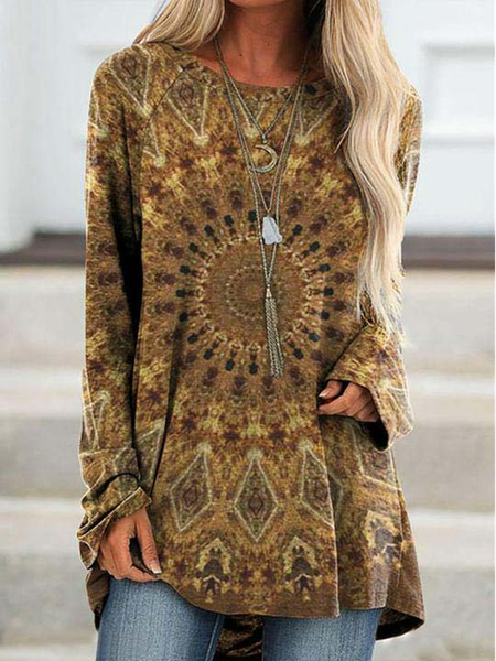

Ethnic Casual Raglan Sleeve T-Shirt, Brown, T-Shirts