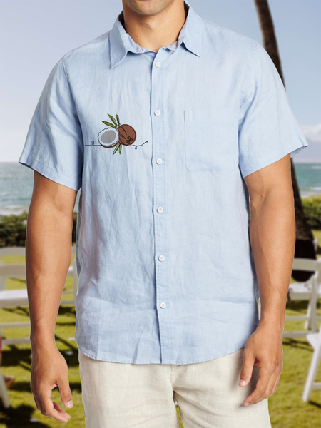

Printed cotton and linen style coconut comfortable linen shirts with short sleeves, As picture, Short Sleeve Shirts