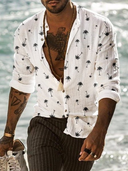 

Cotton Linen Hawaii Resort Casual Long Sleeve Shirt, White, Long Sleeve Shirts