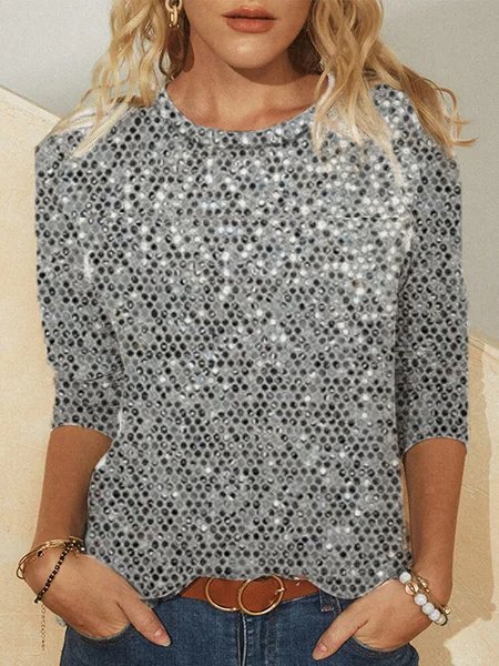 

Women Polka Dots Casual Autumn Lightweight Micro-Elasticity Daily Regular Fit H-Line Regular Size T-shirt, Gray, T-Shirts