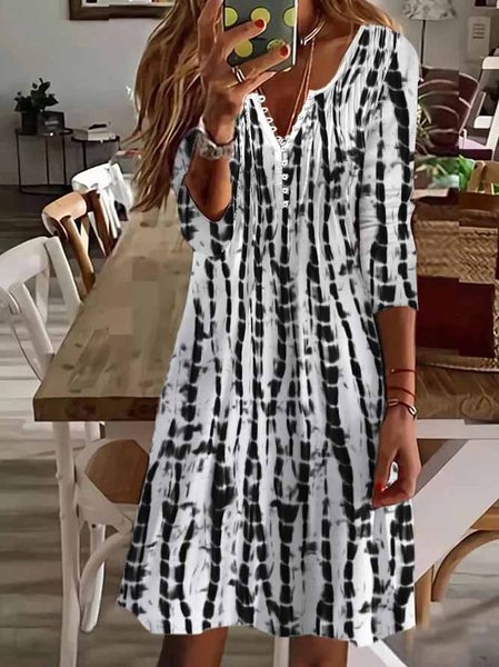 

Women Casual Abstract Geometric Striped V Neck Long Sleeve Dress, Black-white, Mini Dresses