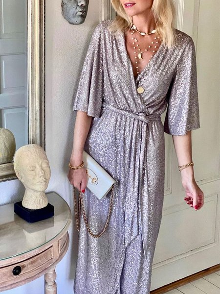 

Women Plain Autumn Urban V neck Natural Micro-Elasticity Pullover H-Line Regular Size Dresses, Champagne, Midi Dresses