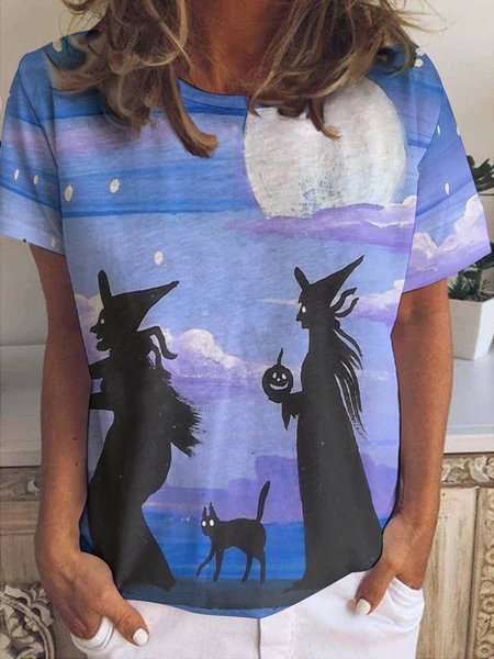 

Halloween witch black cat magic full moon seasonal Simple Crew Neck T-Shirt, Blue, T-shirts