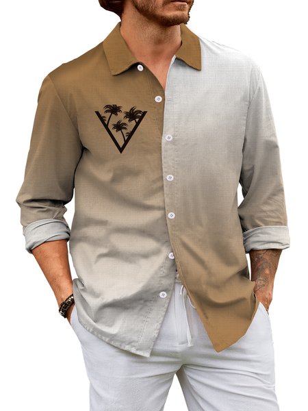 

Cotton and linen style gradient coconut trees printed comfortable flax long sleeve shirts, As picture, Long Sleeve Shirts