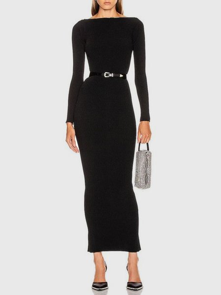 

Women Plain Simple Autumn Natural Regular Fit 1 * Dress Boat Neck Regular Regular Size Dresses, Black, Midi Dresses
