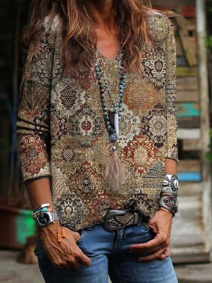 

V Neck Ethnic Loose T-Shirt, Multicolor, T-Shirts