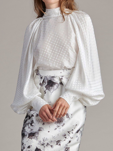 

Polka Dots Autumn Elegant Stand Collar Loose Commuting Long sleeve Regular Regular Size Blouse for Women, White, Blouses and Shirts