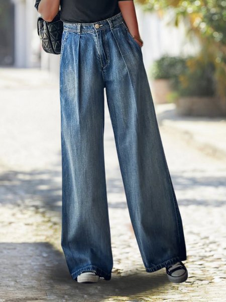 

Women Plain Simple Autumn High Waist Straight Pants Denim Long H-Line Regular Size Jeans, Blue, Bottoms