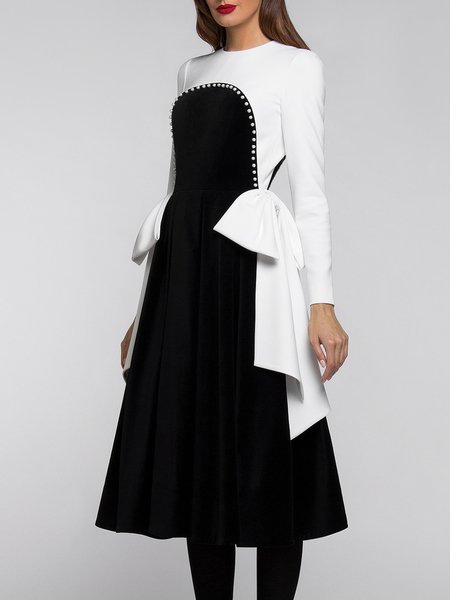 

Color Block Autumn Elegant Natural Daily Regular Fit Midi 1 * Dress X-Line Dresses for Women, Black, Midi Dresses
