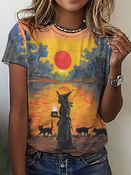 

Halloween witch black cat cats Autumn Fall seasonal Loose Simple T-Shirt, Orange, T-shirts