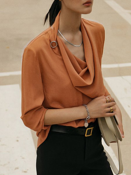 

Women Plain Autumn Elegant Polyester Daily Loose Regular Regular Regular Size Blouse, Orange, Blouses and Shirts