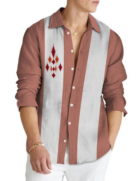 

Cotton and linen style polo unlined upper garment geometric color piece printed stripe comfortable flax long sleeve shirt, As picture, Long Sleeve Shirts