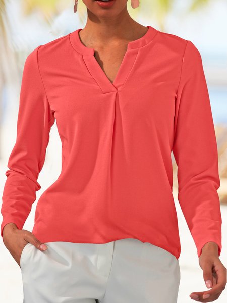 

Casual Plain Autumn V neck Micro-Elasticity Daily Regular Fit Long sleeve Regular Blouse for Women, Red, Blouses & Shirts