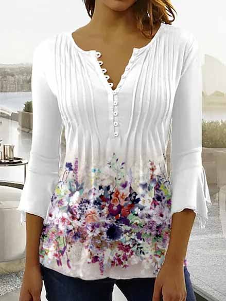

Floral Casual V Neck Tops, White, Shirts & Blouses