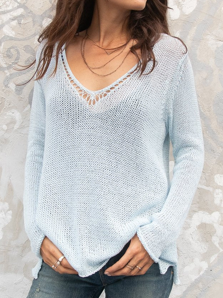 

Plain Casual V neck Wool/Knitting Sweater, White-blue, Sweaters