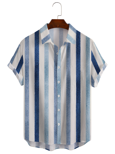 Geometric stripe printed cotton and linen style comfortable hemp short-sleeved shirt, As picture, Short Sleeve Shirts