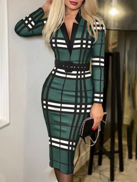 

Plaid Autumn Elegant Micro-Elasticity Daily Tight Long sleeve Hip Skirt Regular Size Dresses for Women, Green, Midi Dresses