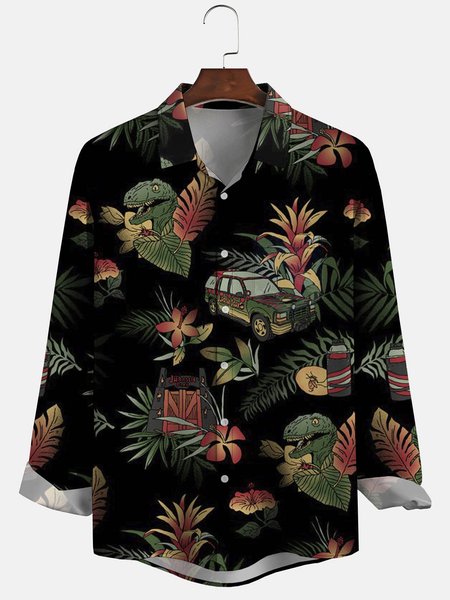 

Men's Botanical Print Anti-Wrinkle Moisture Wicking Fabric Fashion Hawaiian Lapel Long Sleeve Shirts, Black, Long Sleeve Floral Shirts