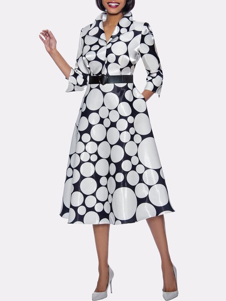 

Women Polka Dots Autumn Elegant No Elasticity Midi Mid Waist Three Quarter X-Line Regular Size Dresses, Black-white, Midi Dresses