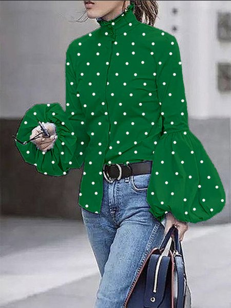 

Polka Dots Autumn Urban Polyester Stand Collar No Elasticity 1 * Top Long sleeve Regular Blouse for Women, Green, Blouses and Shirts