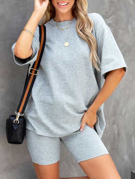 

Two-piece Casual Plain Loose T-shirt & Leggings, Gray, Suit Set