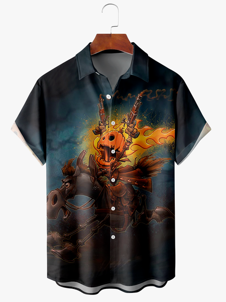 

Men's Halloween Pumpkin Print Anti-Wrinkle Moisture Wicking Fabric Fashion Hawaiian Lapel Short Sleeve Shirt, Blue, Short Sleeve Shirts