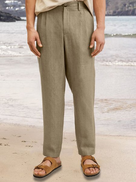 

Cotton and Linen Plain Hawaiian Casual Trousers, As picture, Men's pants