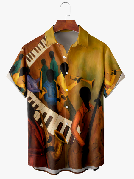 

Men's Music Print Anti-Wrinkle Moisture Wicking Fabric Fashion Hawaiian Lapel Short Sleeve Shirt, Yellow, Short Sleeve Shirts