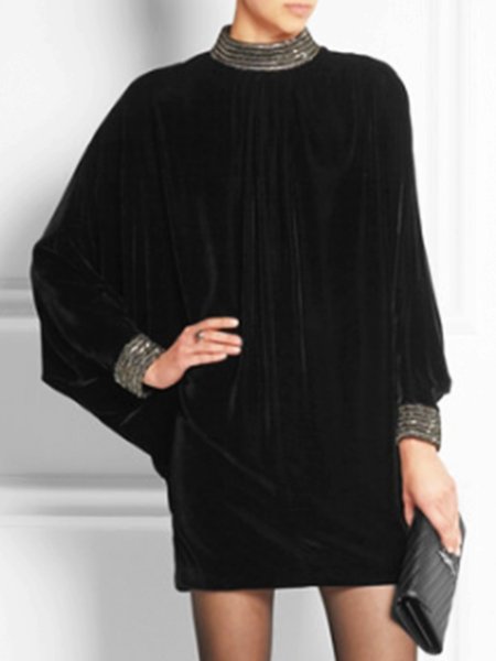 

Elegant Stand Collar Plain Long Sleeve Dress, Black, Mini Dresses