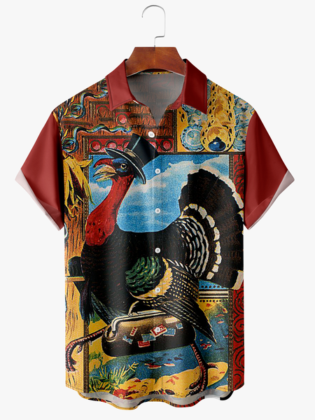 

Men's Thanksgiving Turkey Print Wrinkle Resistant Moisture Wicking Fabric Fashion Hawaiian Lapel Short Sleeve Shirt, Red, Short Sleeve Shirts
