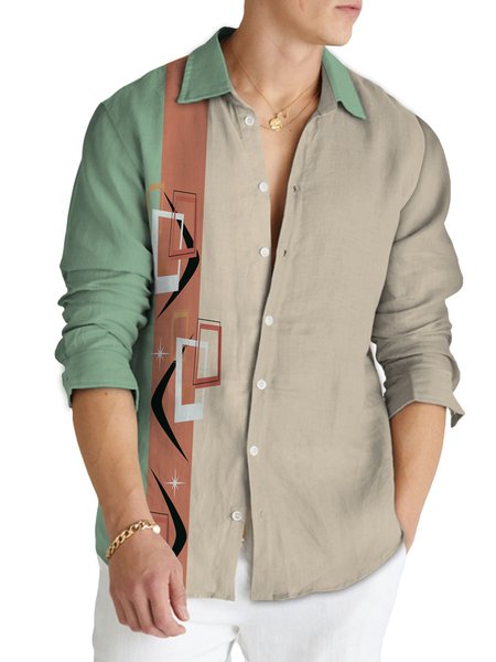 

Cotton and linen style medieval geometry color piece printed stripes comfortable flax long sleeve shirt, As picture, Long Sleeve Shirts