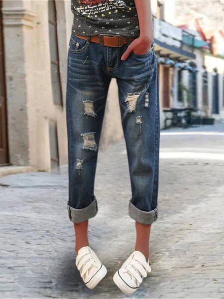 

Loose Denim Plain Vacation Jeans, Blue, Jeans