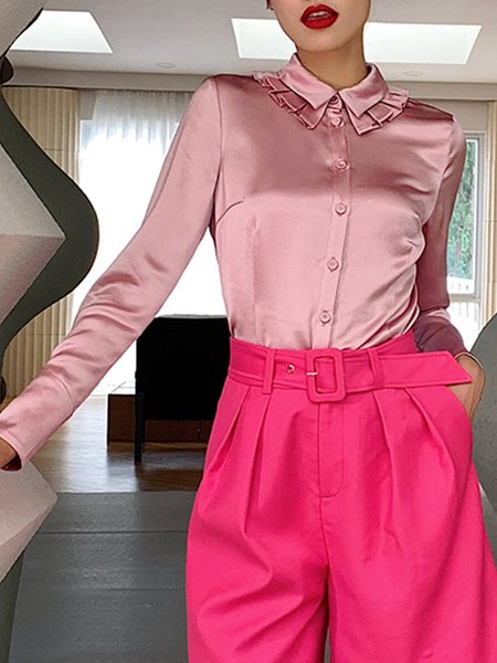 

Pink Daily Long sleeve Regular Fit Satin Plain Blouse, Blouses and Shirts